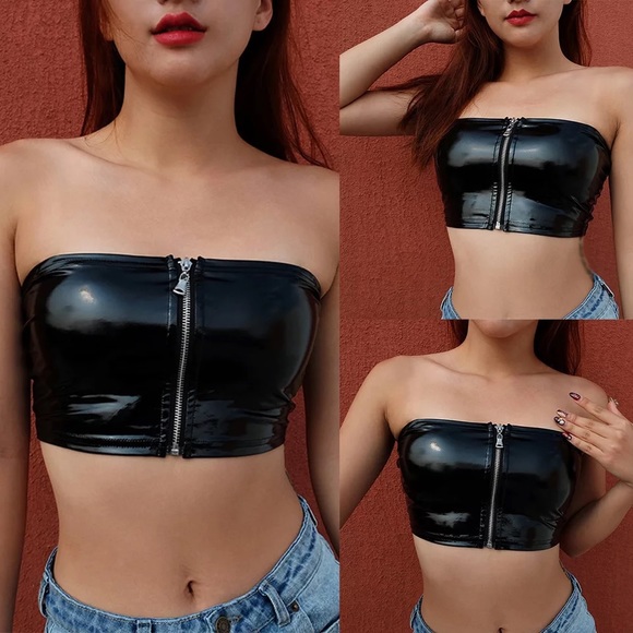 Tops - Women Leather Bustier Wrapped Chest Top